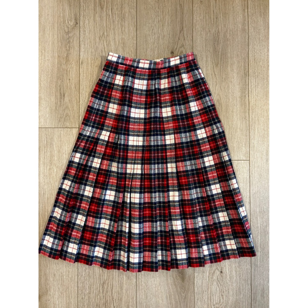 Vintage Young Pendleton Wool Wrap Kilt Skirt Red Navy Plaid Pleated Midi USA 8 - Picture 6 of 7